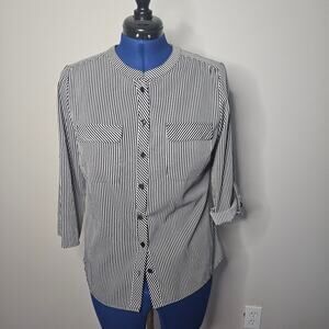 Kim Rogers Navy White Stripe Button down blouse with sleeve roll button closure